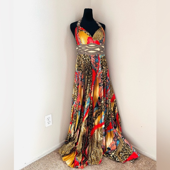 Bicici Vtg Colorful Pleated Maxi Dress With Rhinestones, XL, Romantic, Feminine - Picture 1 of 9